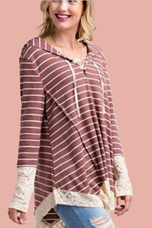Casual Stripe Hoodie & Lace Sleeve - Rust