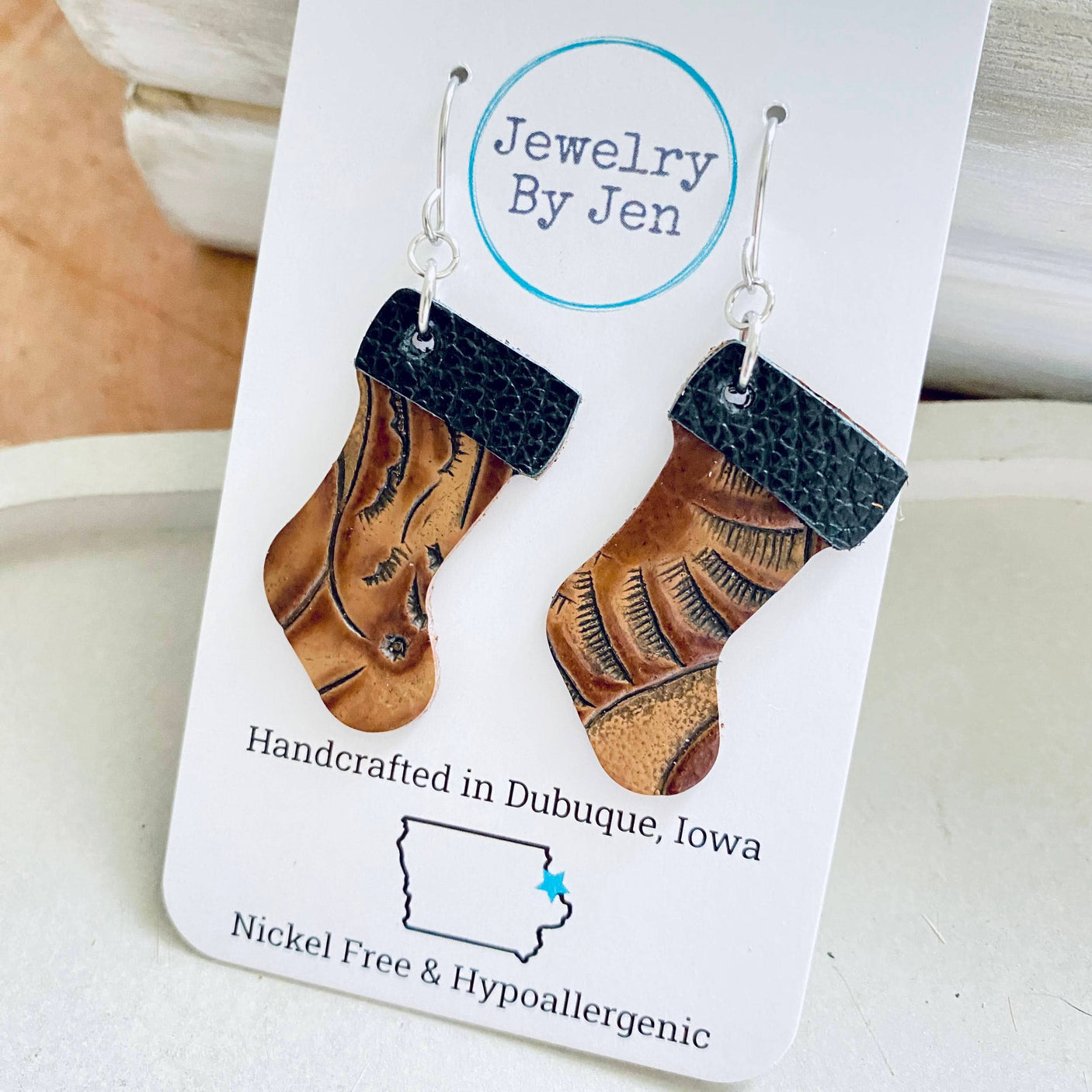 Christmas Stocking Earrings: Brown Western Tooled