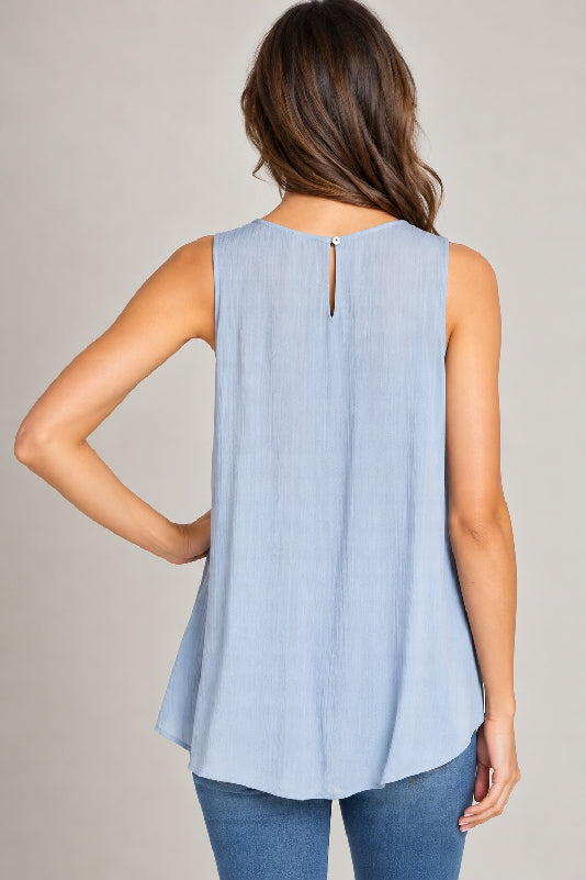 Mittoshop Flower Applique Sleeveless Top - Chambray Blue
