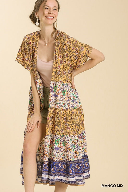 Umgee Mixed Print Tiered Long Kimono - Mango Mix