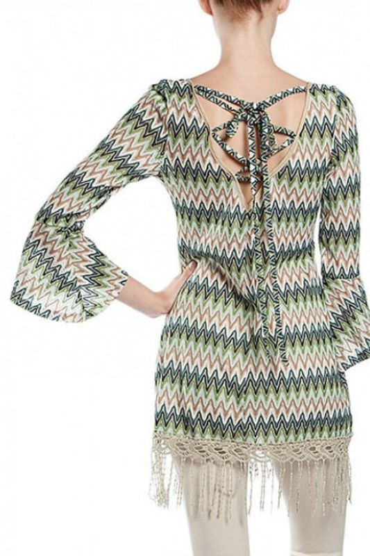 A'Reve Back Lace Up Fringe Tunic - Teal Multi