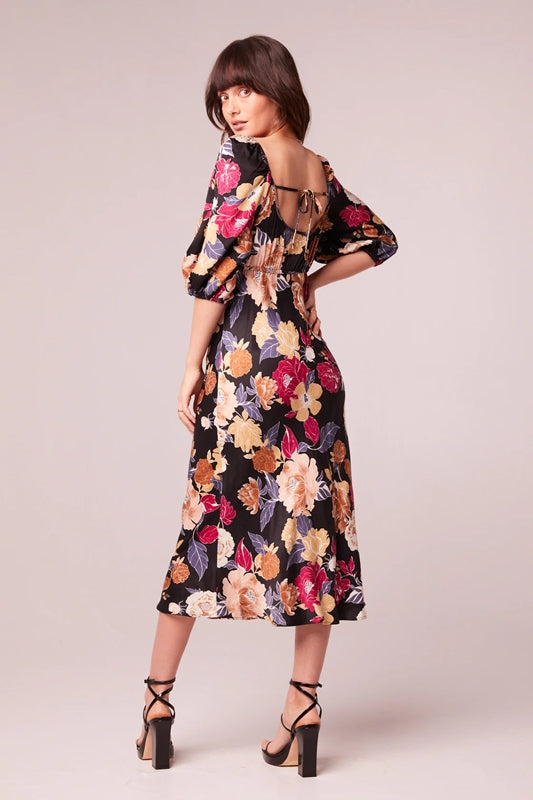 Floral Print Puff Sleeve Midi Dress - Black