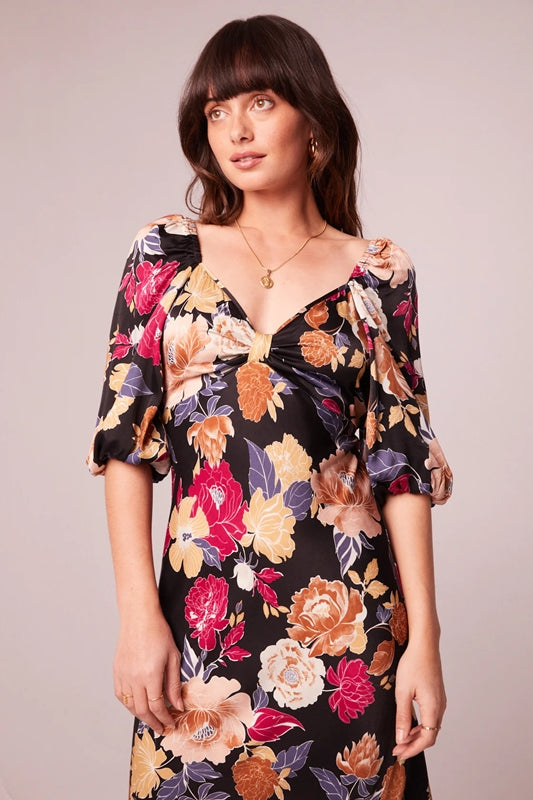 Floral Print Puff Sleeve Midi Dress - Black