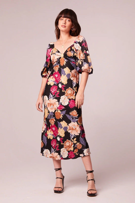 Floral Print Puff Sleeve Midi Dress - Black