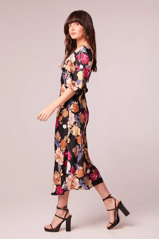 Floral Print Puff Sleeve Midi Dress - Black