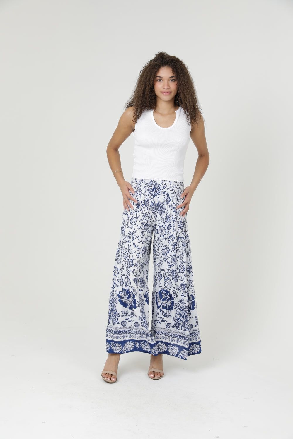 Angie Blue Border Flower Ruffle Hem Pants - Ivory/Blue
