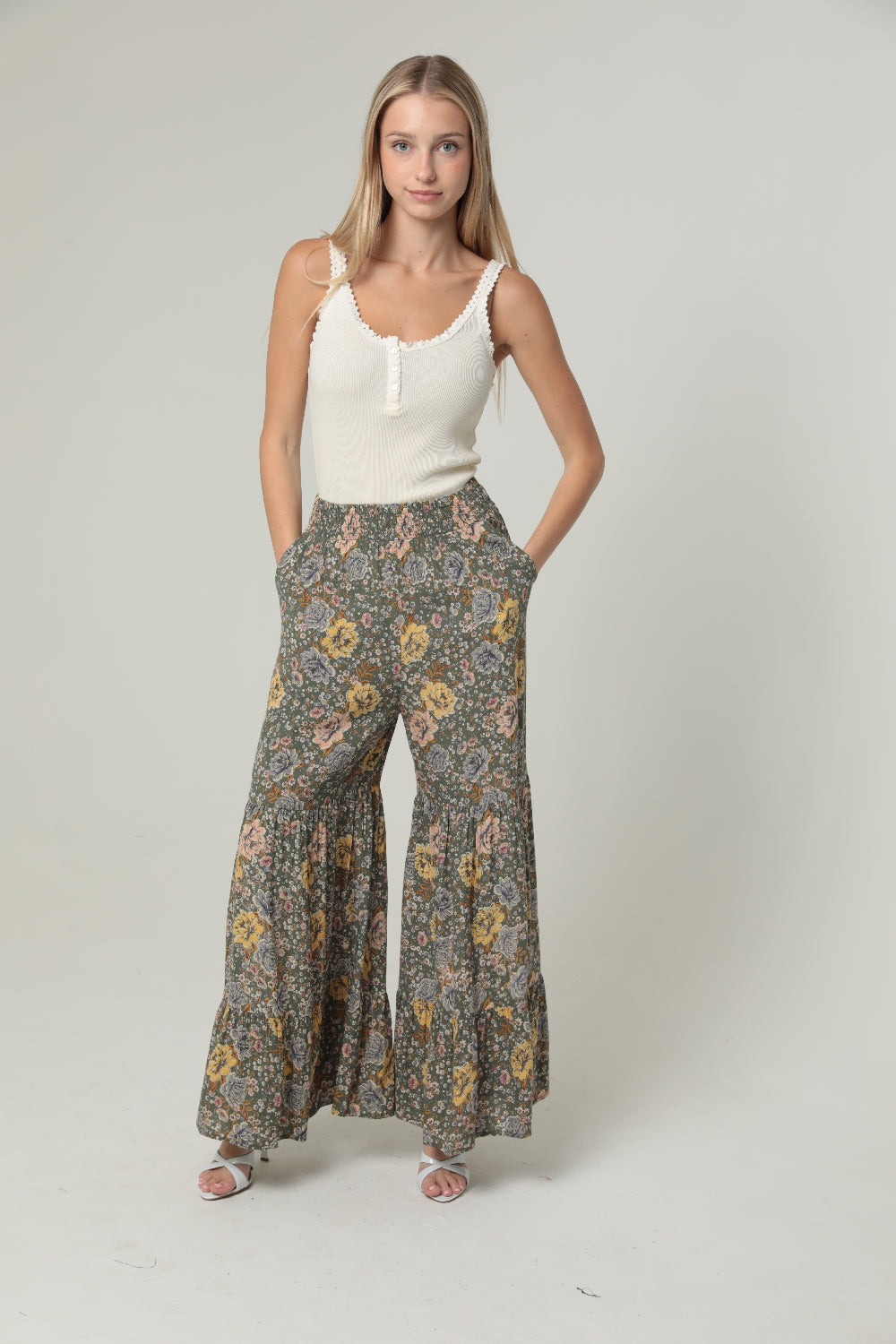 Angie May Flowers Flowy Ruffle Hem Pants - Olive