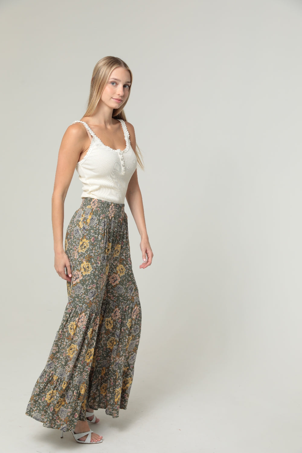 Angie May Flowers Flowy Ruffle Hem Pants - Olive