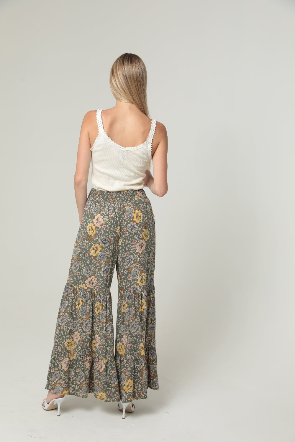 Angie May Flowers Flowy Ruffle Hem Pants - Olive