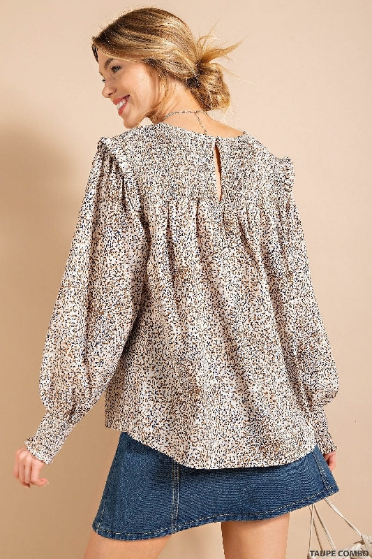 *SALE Kori Ruffle Sleeve Smock Yoke Blouse - Taupe Combo