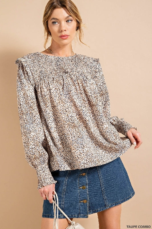 *SALE Kori Ruffle Sleeve Smock Yoke Blouse - Taupe Combo