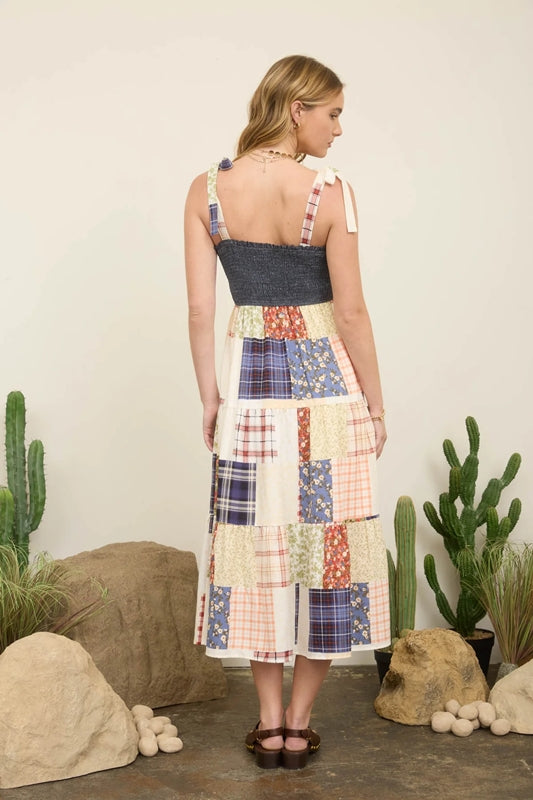 Blu Pepper Patchwork Smocked Midi Dress - Denim