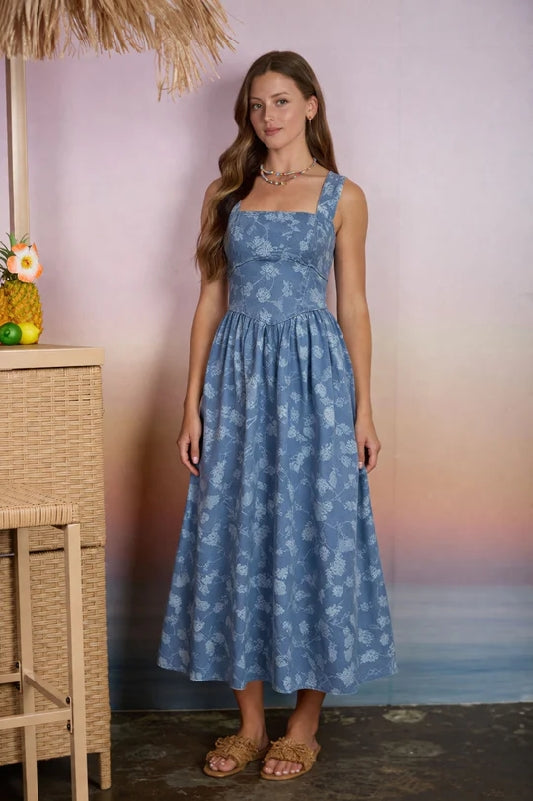 Blu Pepper Denim Blue Floral Square Neck Jacquard Midi Dress