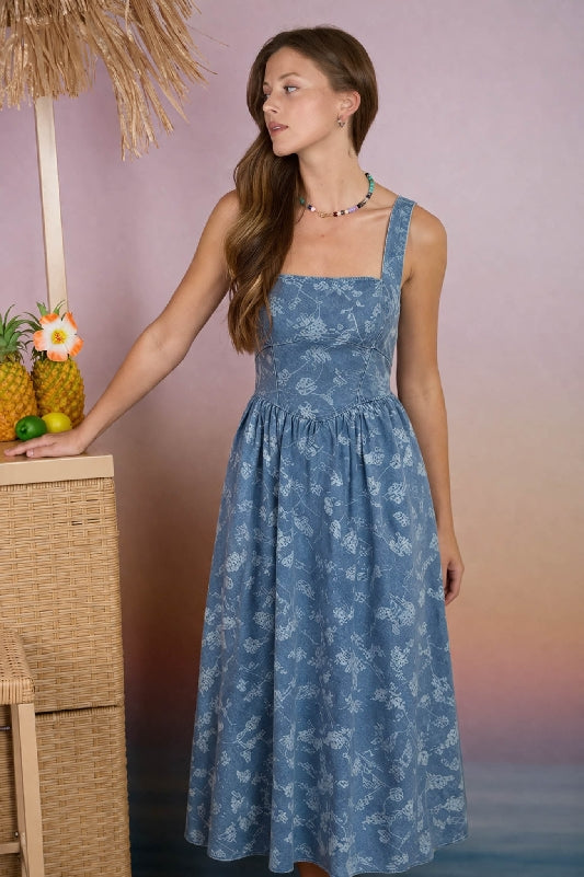 Blu Pepper Denim Blue Floral Square Neck Jacquard Midi Dress