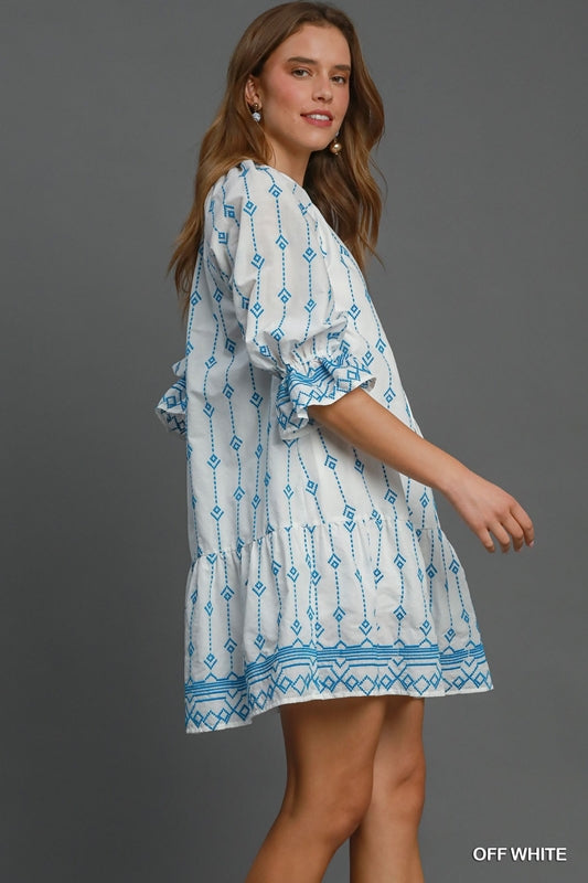 Umgee Embroidered Split Neck Dress - Blue Off White