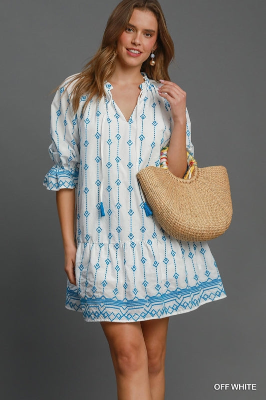 Umgee Embroidered Split Neck Dress - Blue Off White