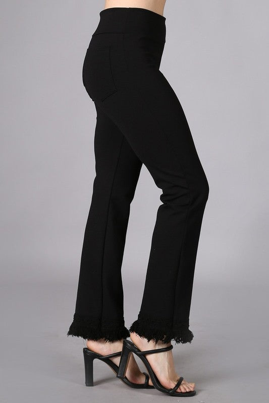 Chatoyant Back Pocket Fringe Ponte Crop Ankle Pants - Solid Black