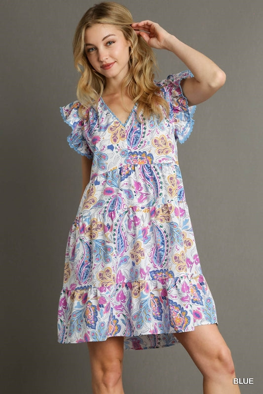 Umgee Paisley Floral & Trim Mini Dress - Blue