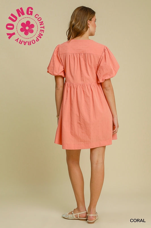 Umgee  Babydoll Bows Fit N Flare Ballon Sleeve Dress - Coral
