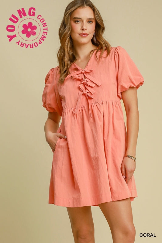Umgee  Babydoll Bows Fit N Flare Ballon Sleeve Dress - Coral