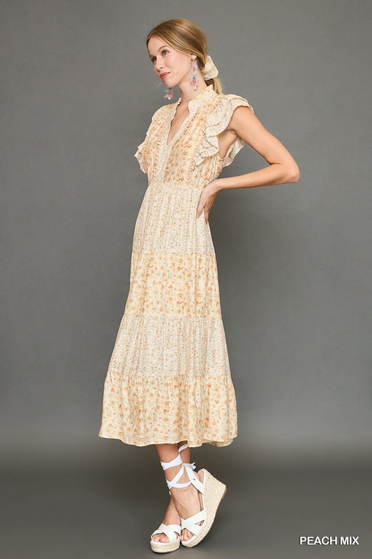 Umgee Floral Print Midi Dress - Peach Mix