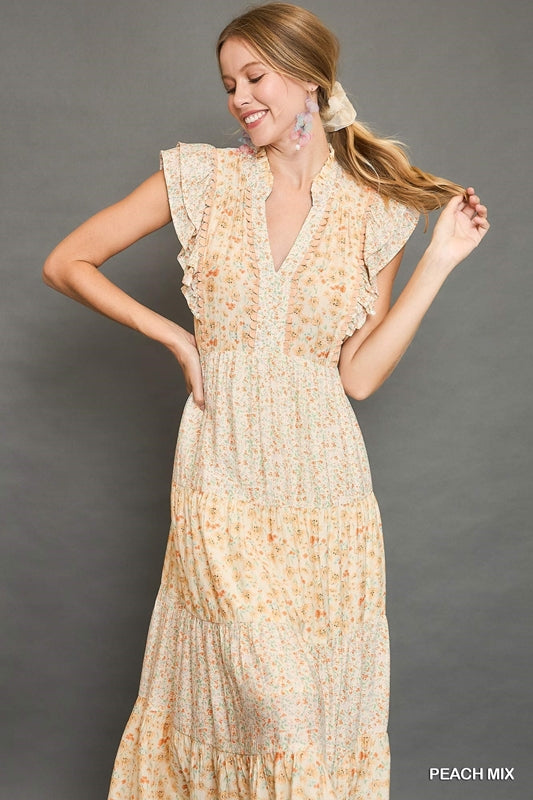 Umgee Floral Print Midi Dress - Peach Mix