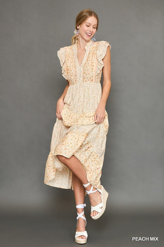 Umgee Floral Print Midi Dress - Peach Mix