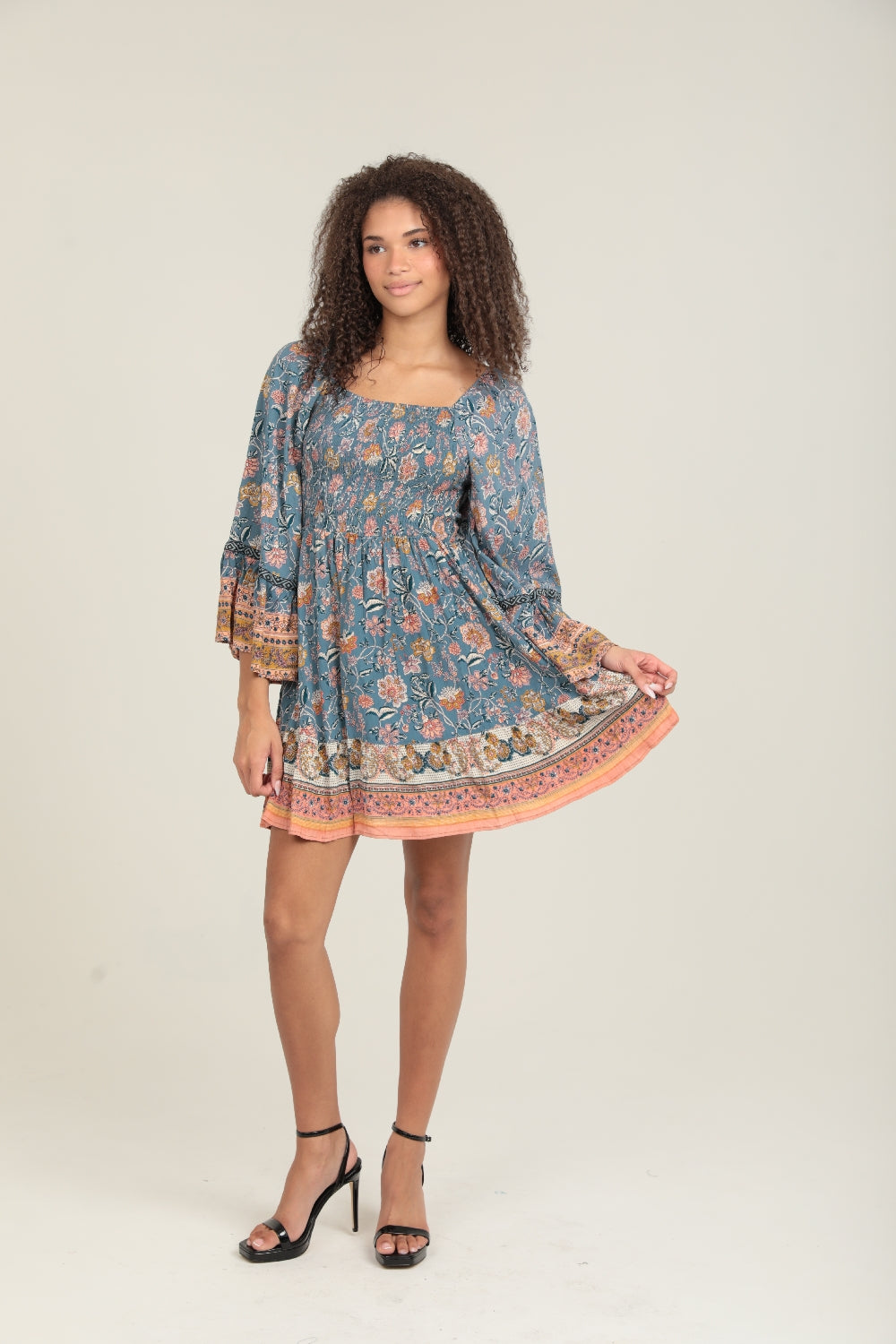 Angie Bohemian Floral Bell Sleeve Mini Dress - Blue
