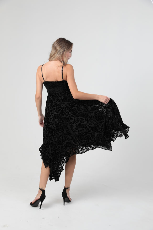 Angie Evening Floral Burnout Velvet Handkerchief Dress - Black