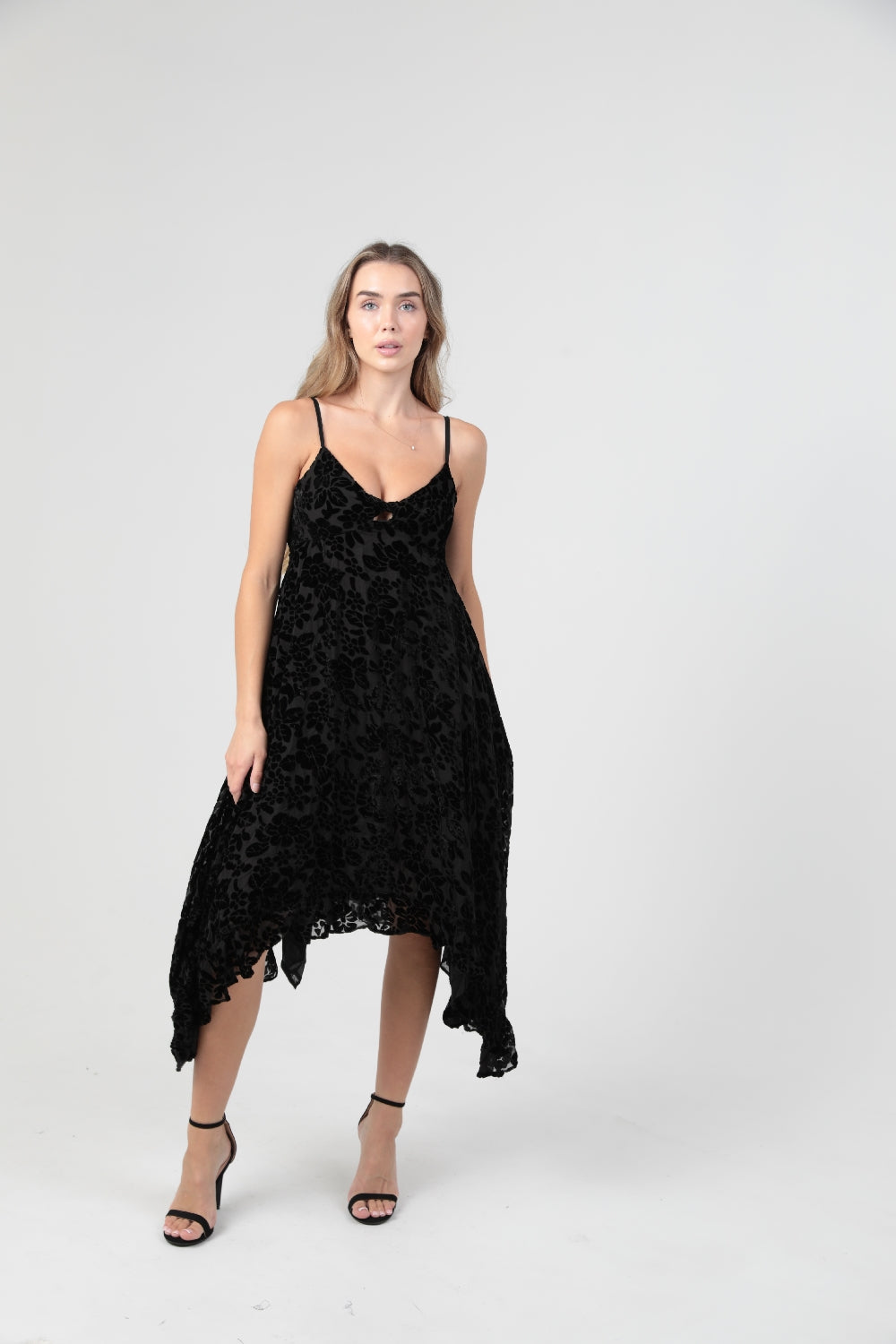 Angie Burnout Floral Velvet Handkerchief Dress - Black