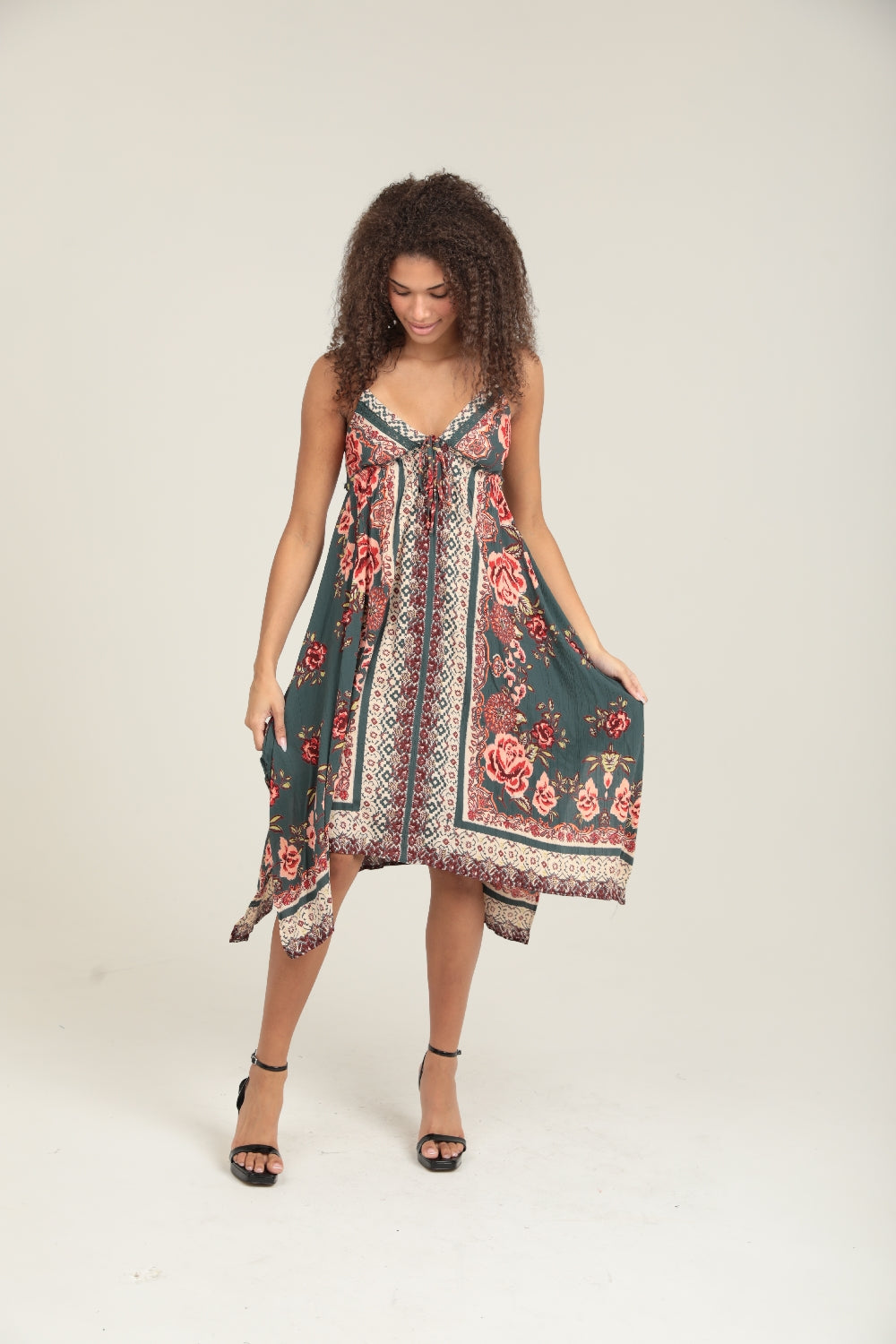 Angie Peasant Floral Handkerchief Dress - Olive