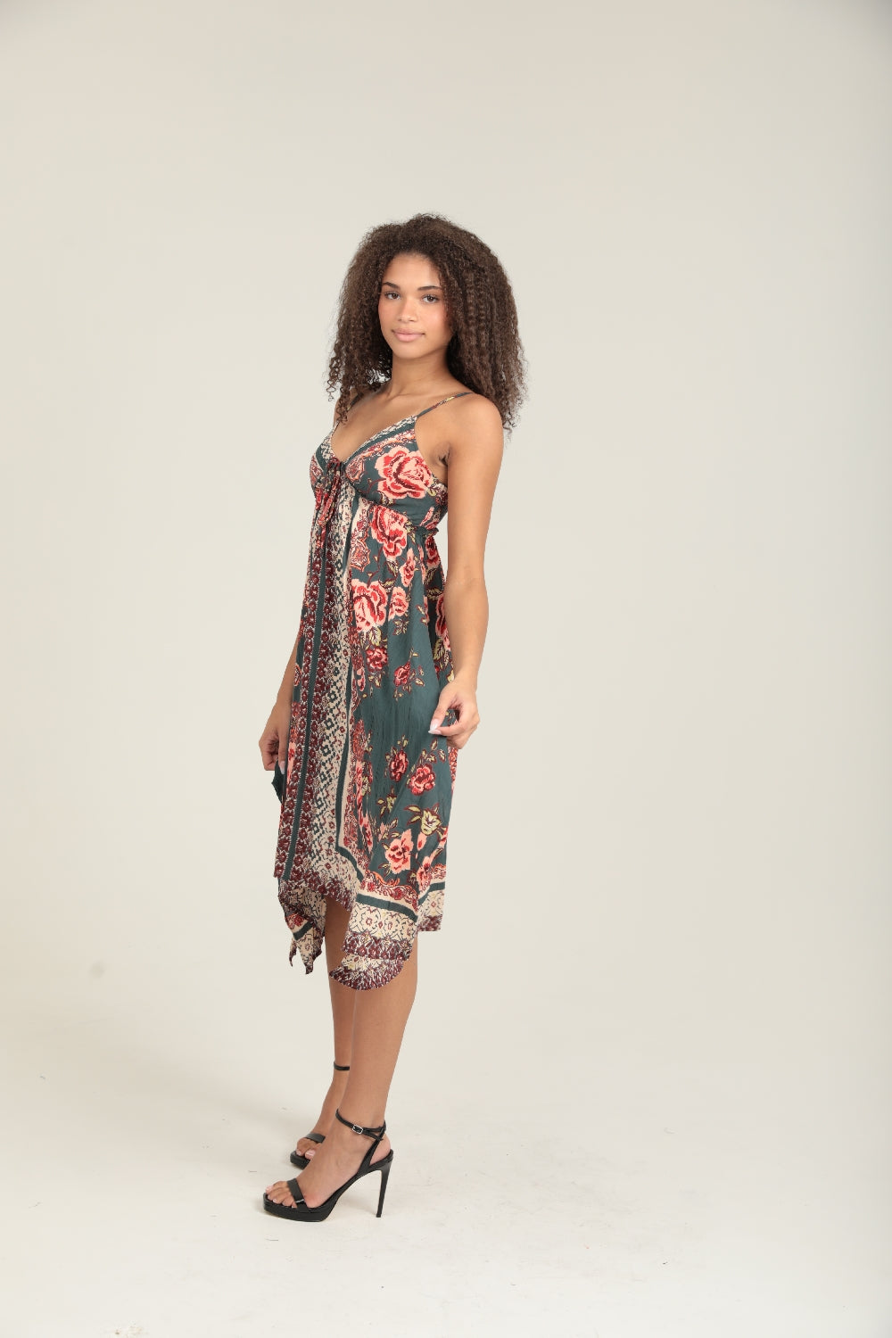 Angie Peasant Floral Handkerchief Dress - Olive