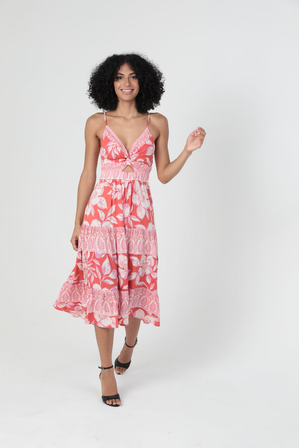 Angie Floral Motif Midi Dress - Red