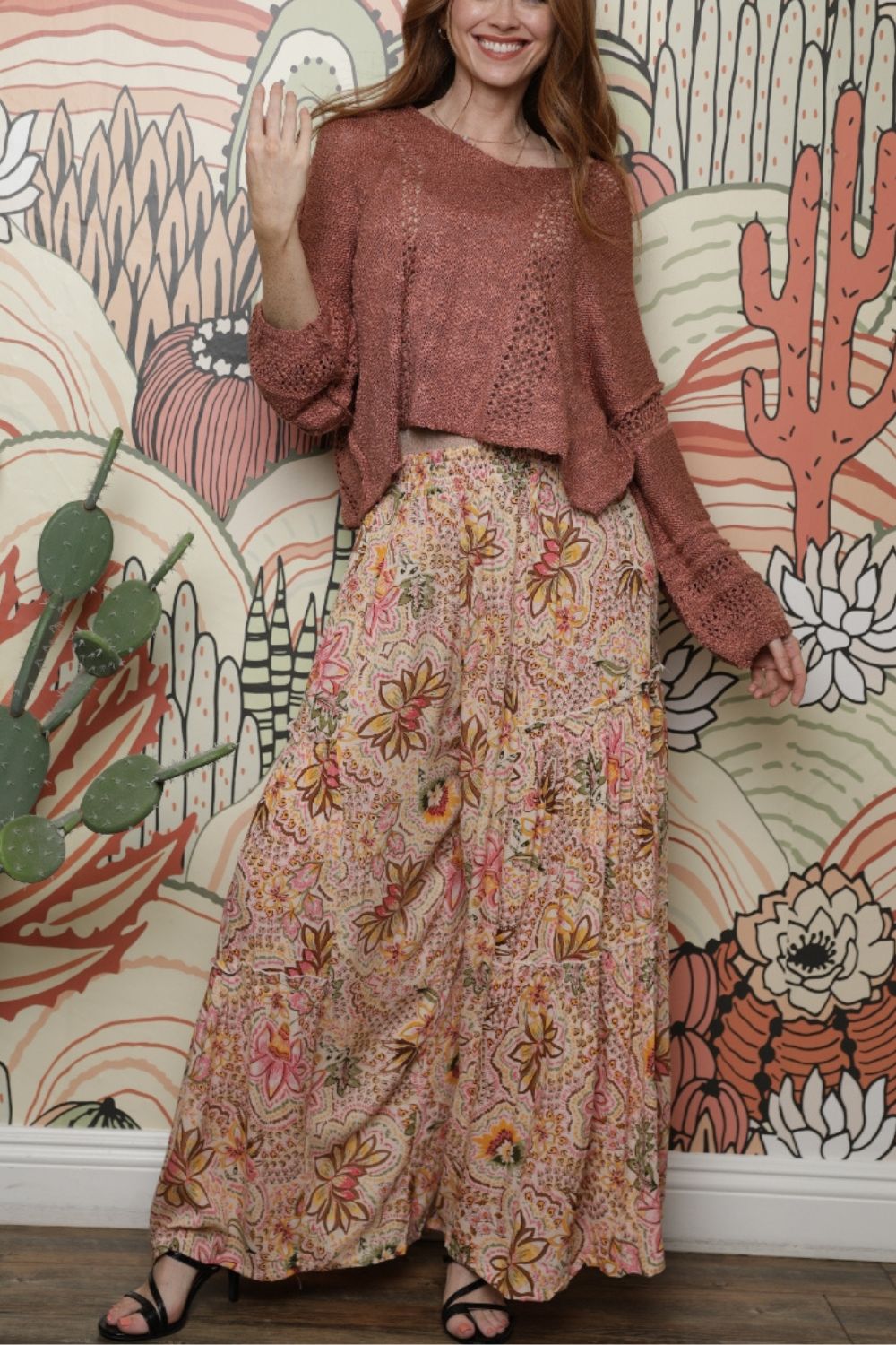 Angie Flower Tropical Boho Wide Palazzo Pants - Cream