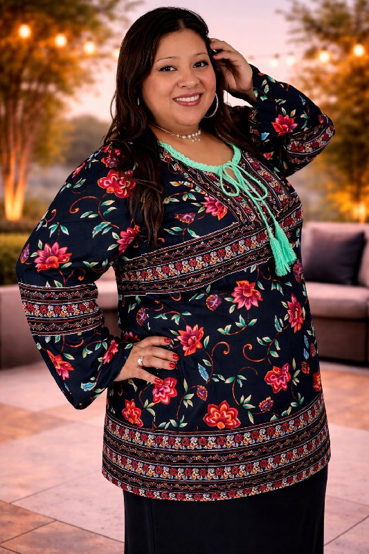 Velzera Floral Tasseled Tunic Top in Plus Size - Black