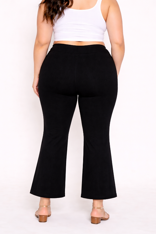 Black Mid Waist Flare Pants Plus Short Wide Waistband
