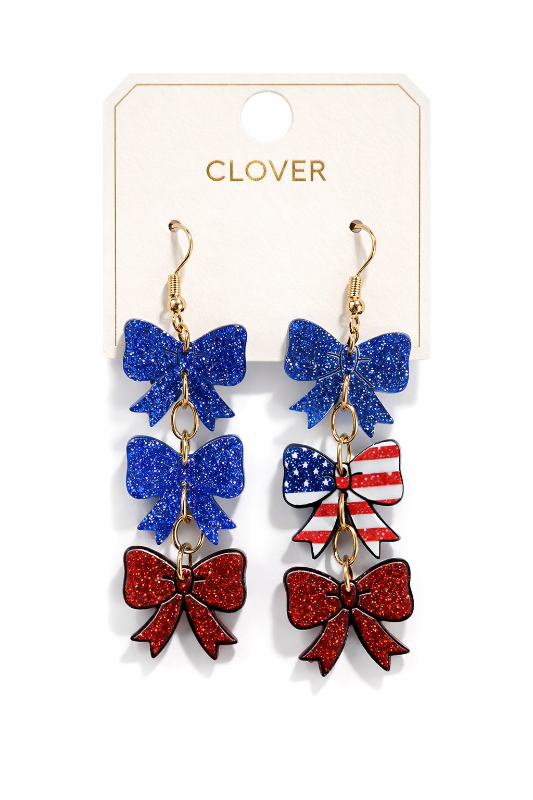 Patriotic Bow Dangle Earrings Red White Blue Glitter Statement