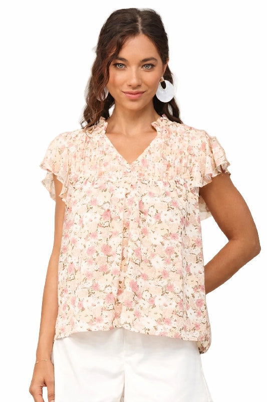Gigio Chiffon Print Flare Sleeve Blouse - Blush Mauve