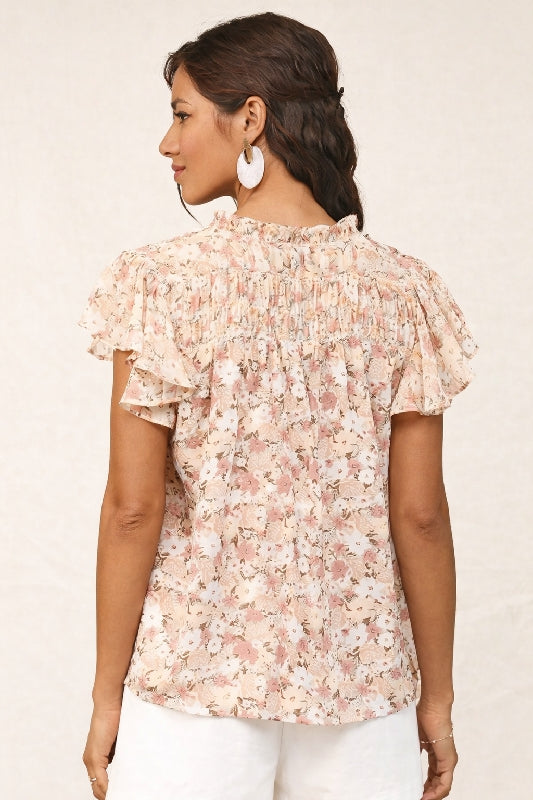 Gigio Chiffon Print Flare Sleeve Blouse - Blush Mauve