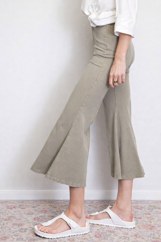 Easel Capri Mineral Wash Bell Pants - Sage Grey