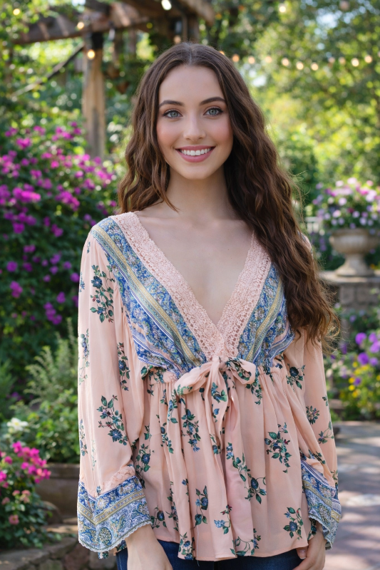 Angie Boho Bell Sleeve Floral Print Blouse - Pink