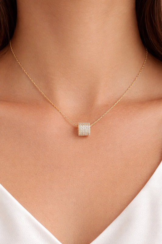 CZ Barrel Chain Necklace - 18 kt Gold