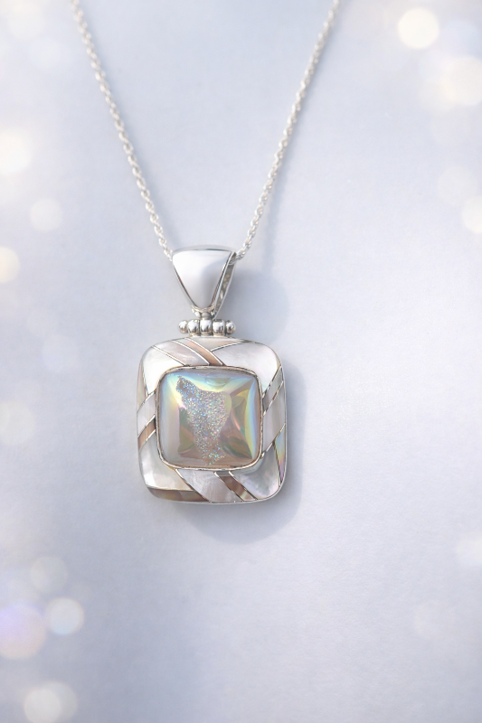 Iridescent Sterling Silver Druzy & MOP Pendant Necklace - 20"