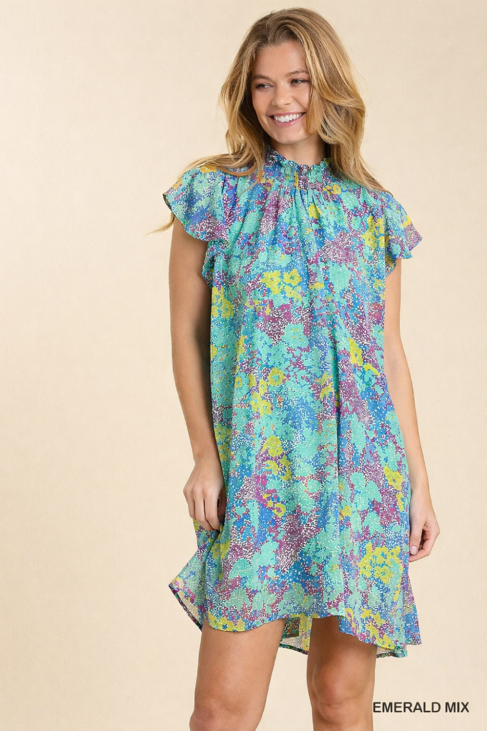Umgee Abstract Print Mock Neck Dress - Emerald Mix
