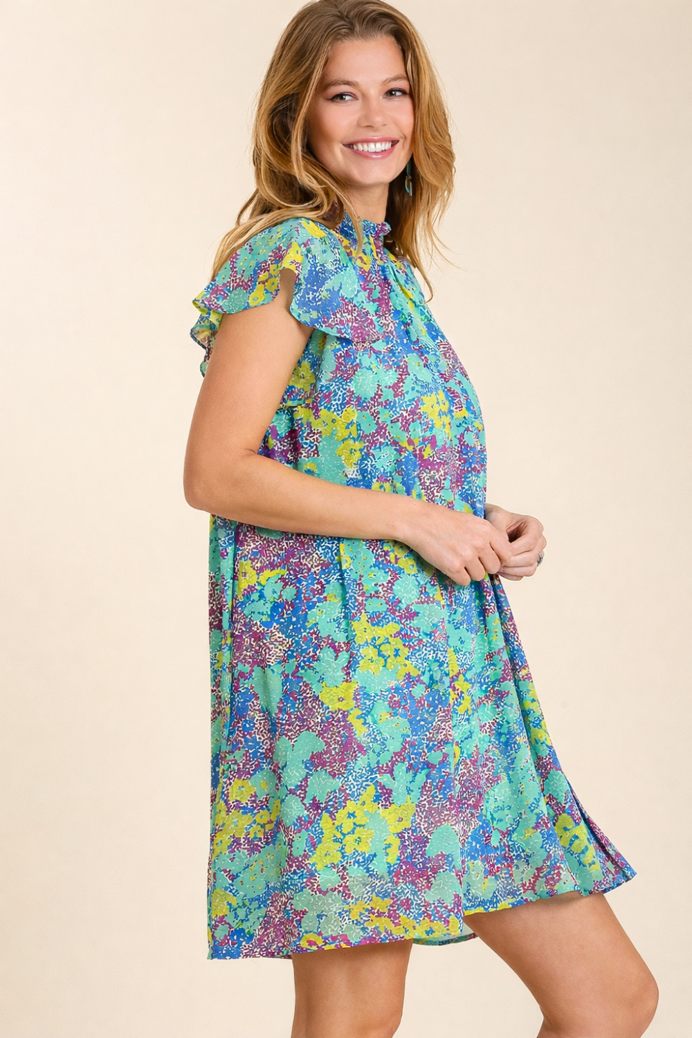 Umgee Abstract Print Mock Neck Dress - Emerald Mix