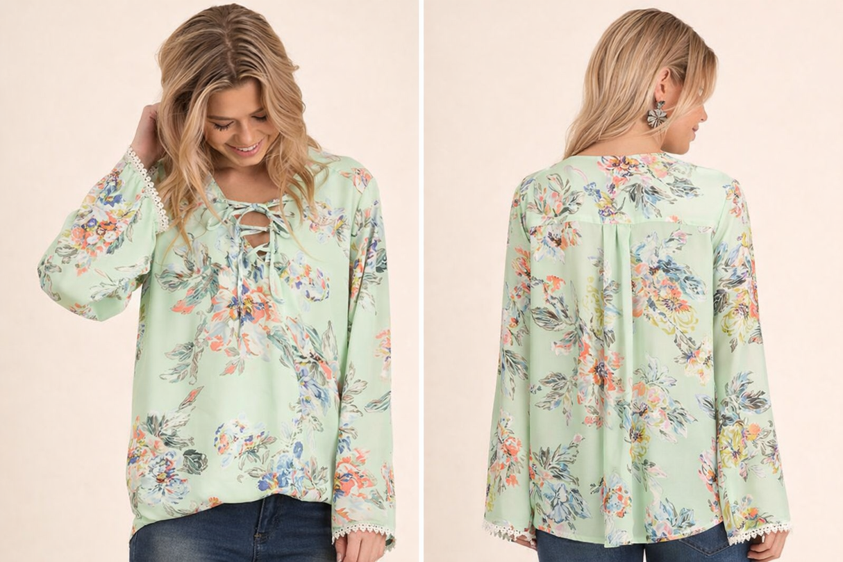 Umgee Floral Lace Up Surplice Blouse - Mint