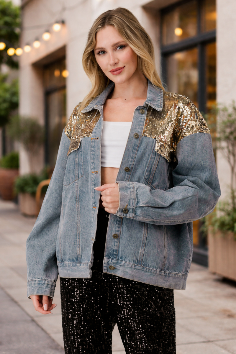 Gee Gee Wash Denim Gold Sequins Trucker Jacket