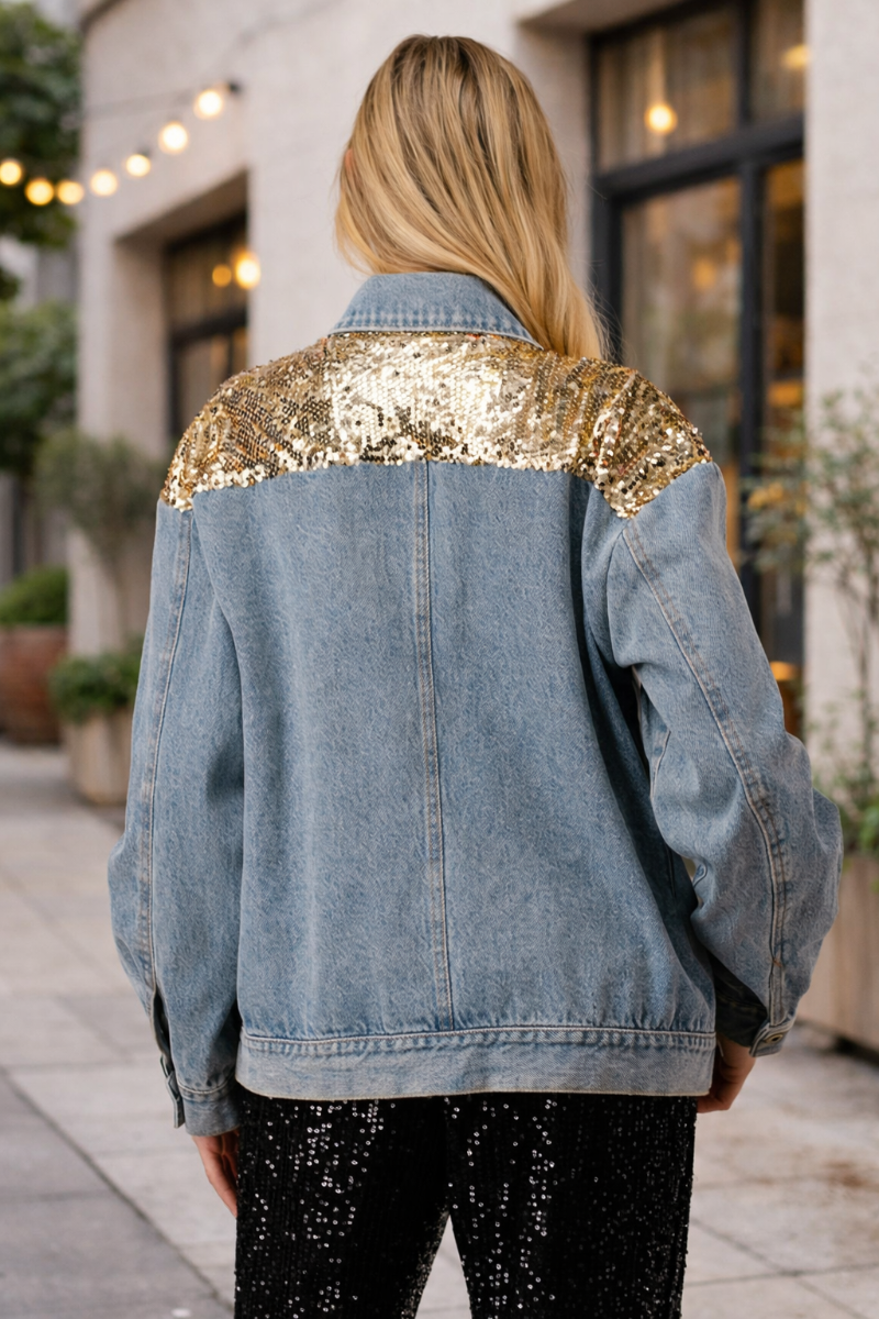 Gee Gee Wash Denim Gold Sequins Trucker Jacket