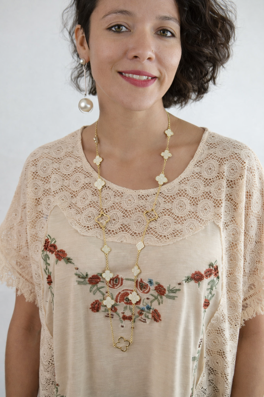 Clovers Chain 36" Long Necklace - Ivory/Gold