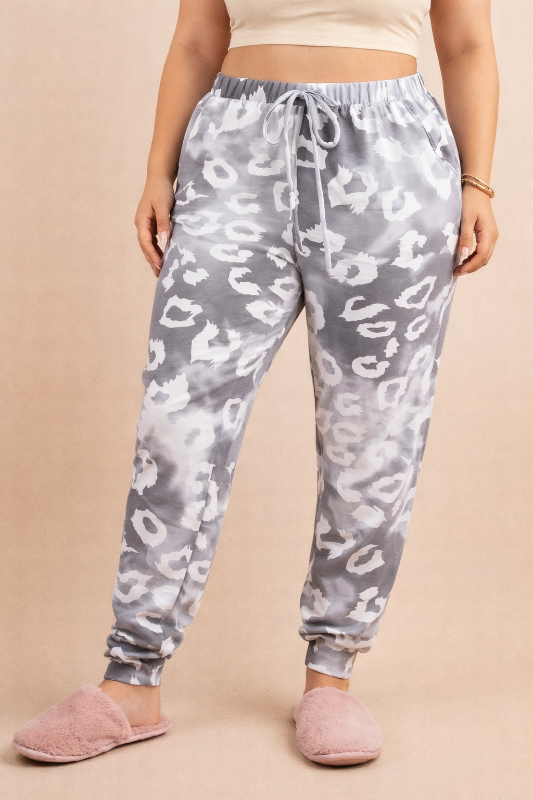 Plus Leopard Lounge Fleece Jogger Pants - Gray
